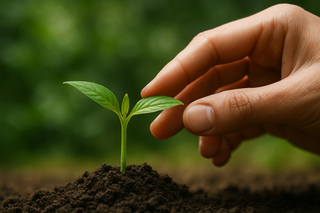 Young plant being nurtured, symbolizing holistic healing at Trinity Natural Health through alternative care.